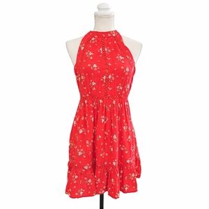 Anthro Sunday Mi Amor Red Floral Halter Mini Dress Boho Festival M